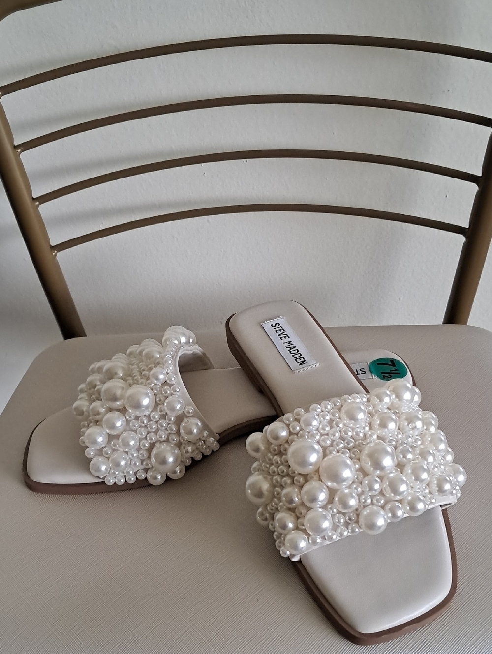 Steve Madden Pearl-Embellished White Slide Mules